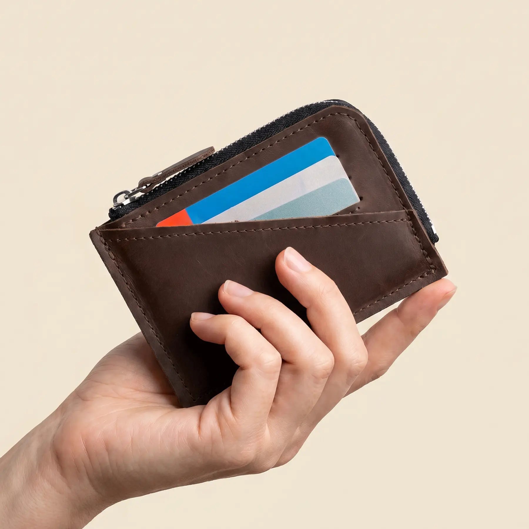 Premium leather wallet with secure zipper, compact size, and beautiful handcrafted vintage-inspired finish.