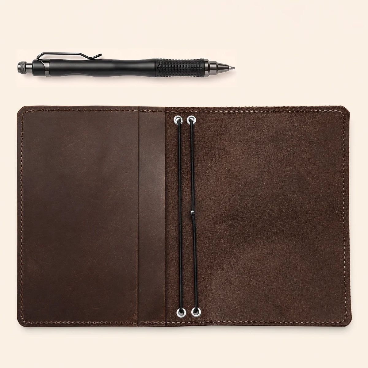 Crazy Horse leather notebook case with practical interior pockets and elastic closures