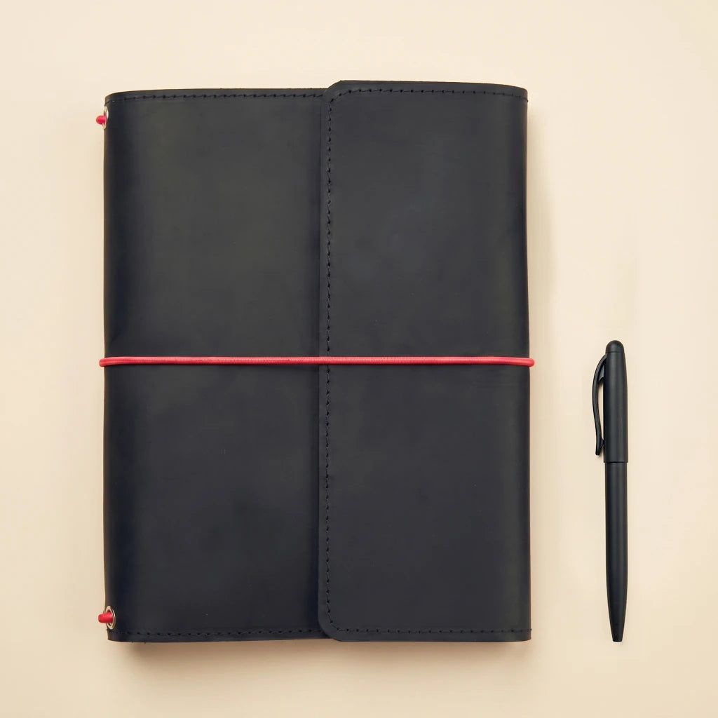 Leather notebook protector with elastic cord closure and multifunctional pocket design