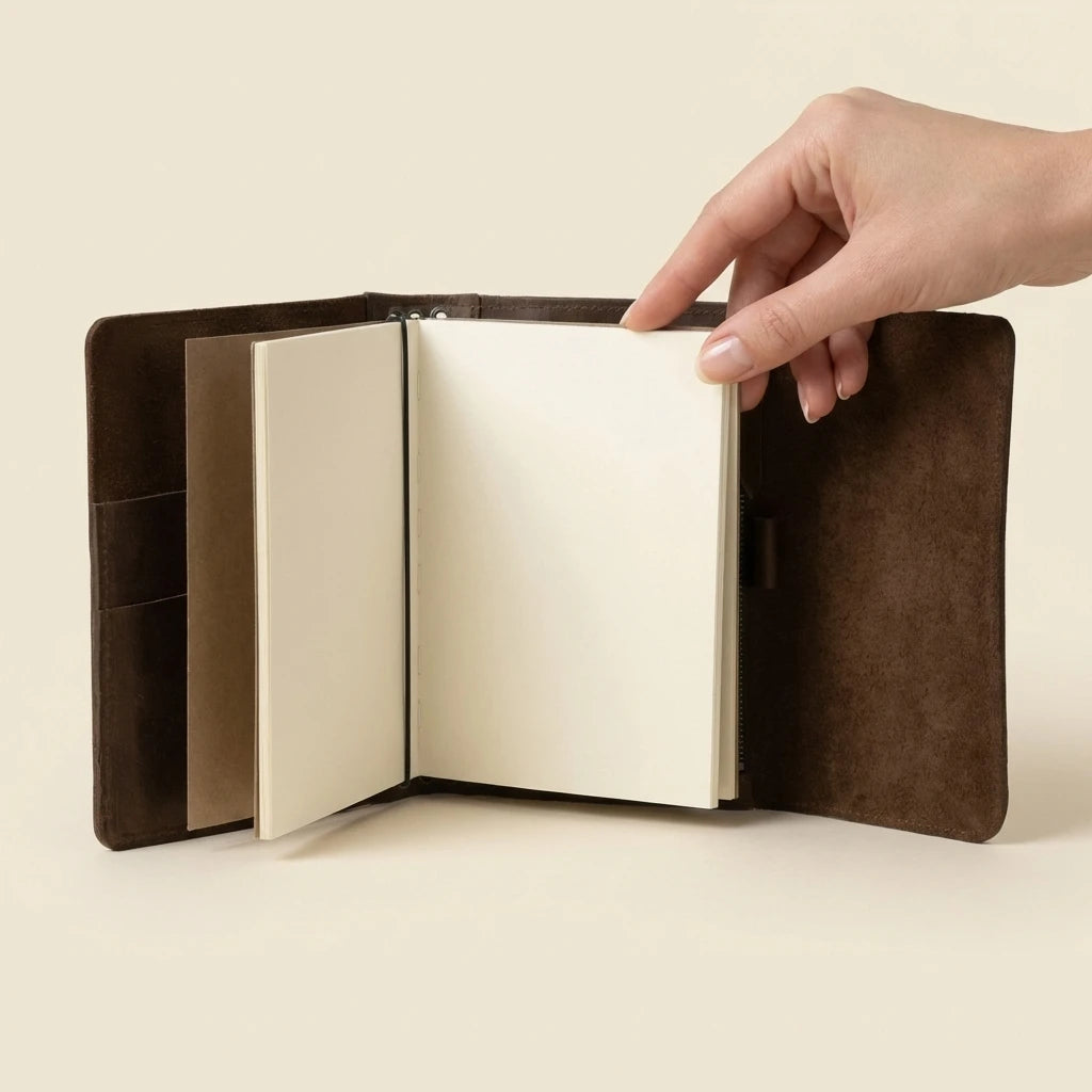 Hand holding a brown leather-bound notebook open on a beige background