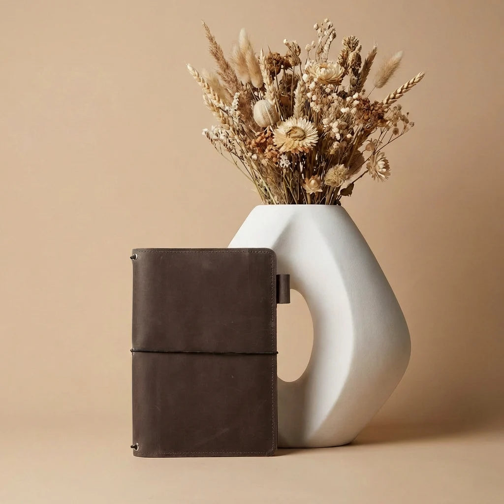 White vase with dried flowers and a brown leather notebook on a beige background