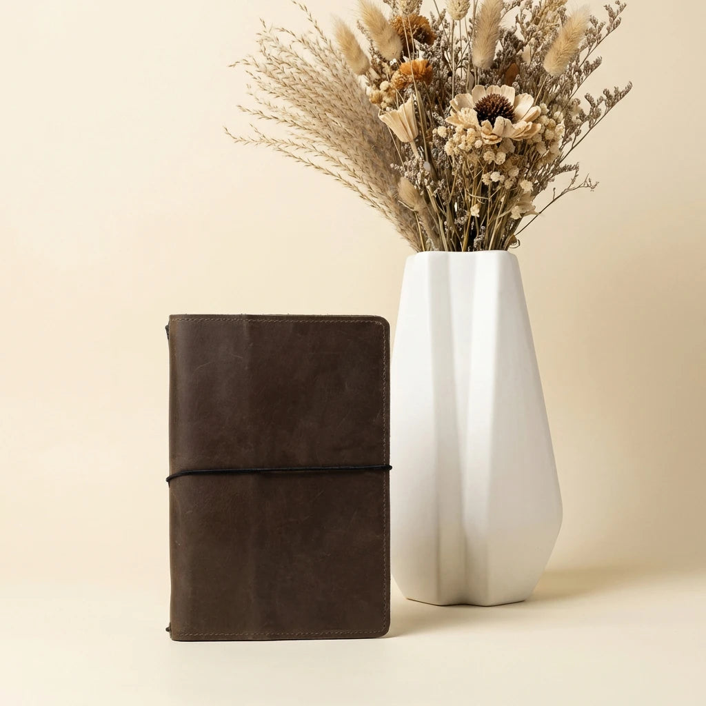 Brown leather notebook next to a white vase with dried flowers on a beige background