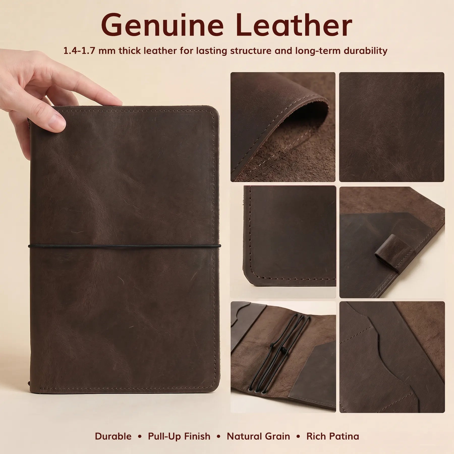 Durable genuine leather journal cover with elastic bands and organized pockets for everyday essentials.