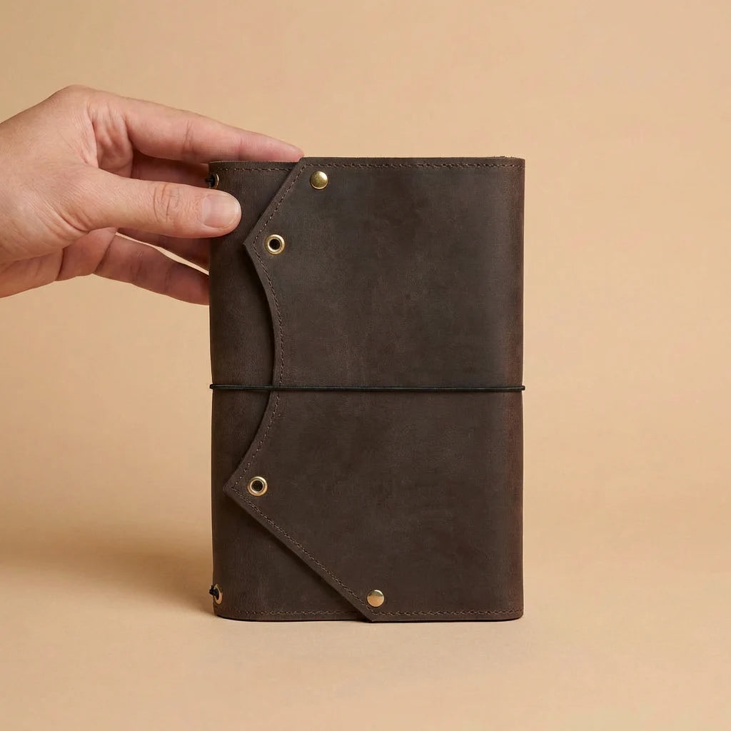 Brown leather notebook held by a hand against a beige background