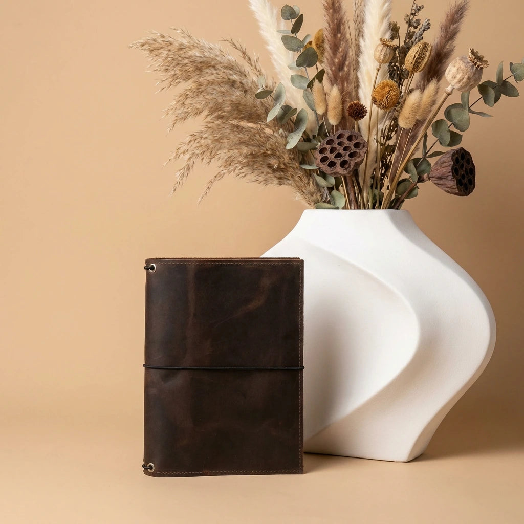 Brown leather journal cover next to a white vase with dried plants on a beige background