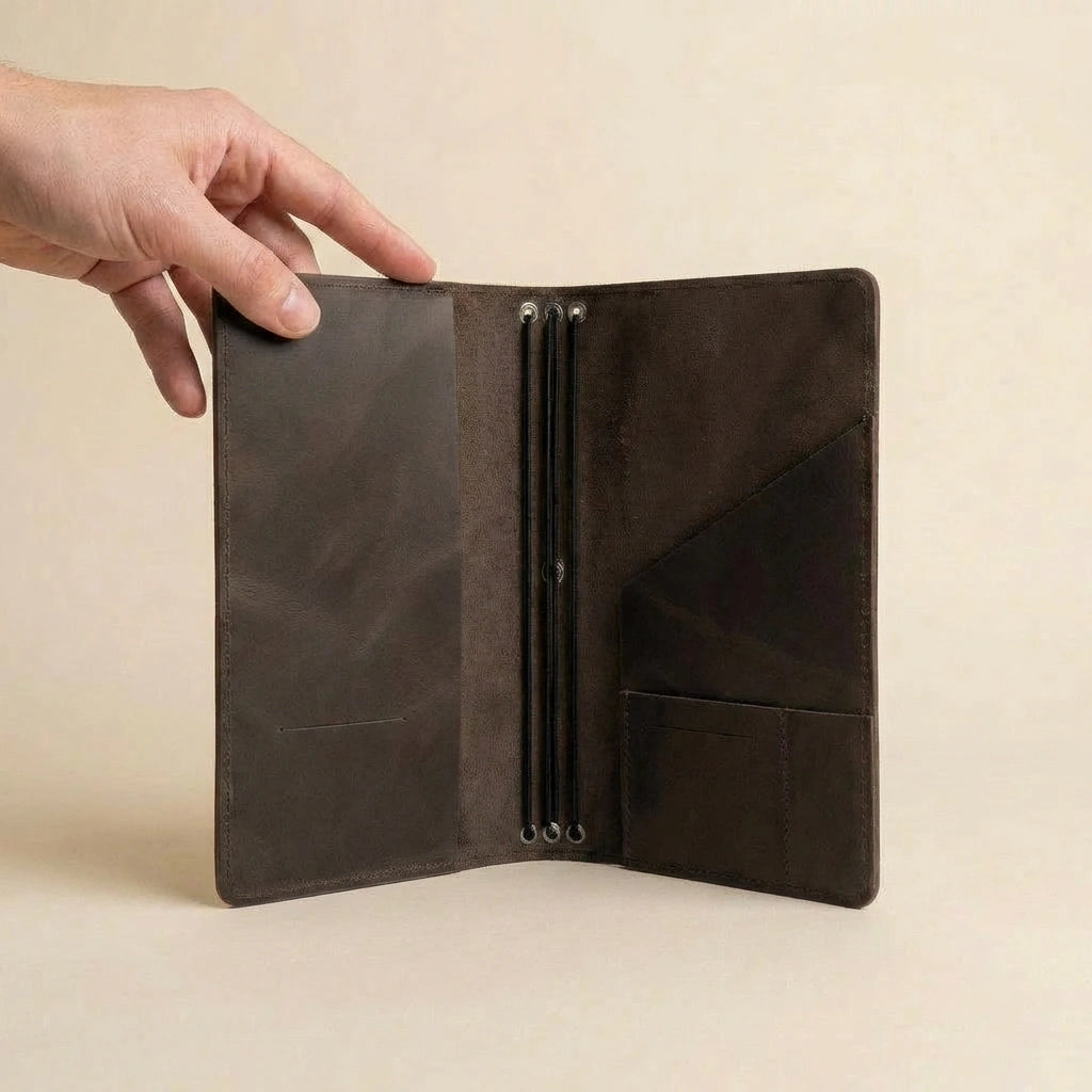Brown leather journal cover held open by a hand on a beige background