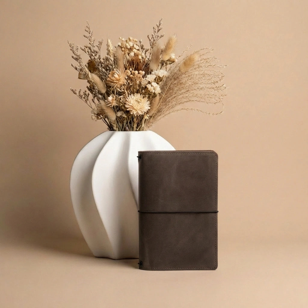 White vase with dried flowers and a brown leather notebook on a beige background