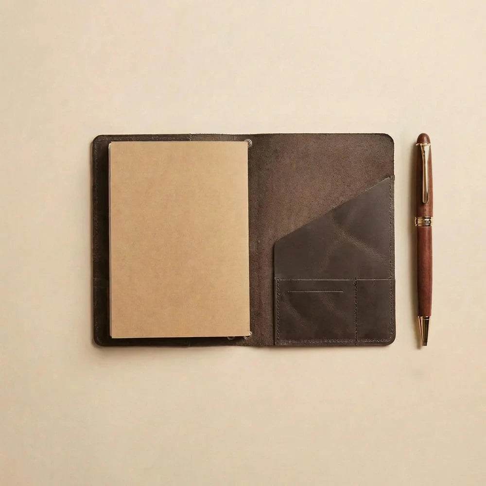 Rustic leather journal organizer featuring premium craftsmanship, elastic holders, and storage compartments.