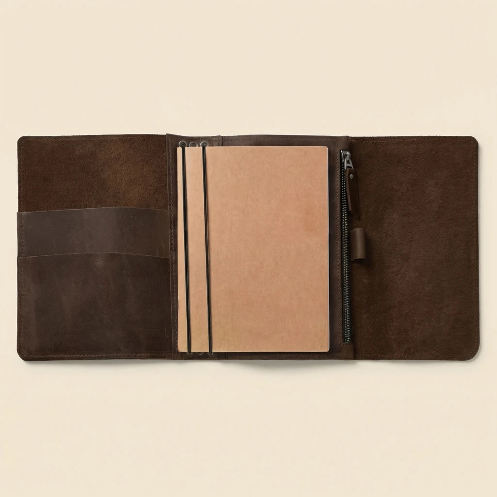 Brown leather journal with a beige interior on a beige background
