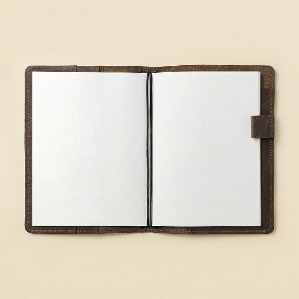 Open notebook with blank pages inside a brown leather cover on a beige background