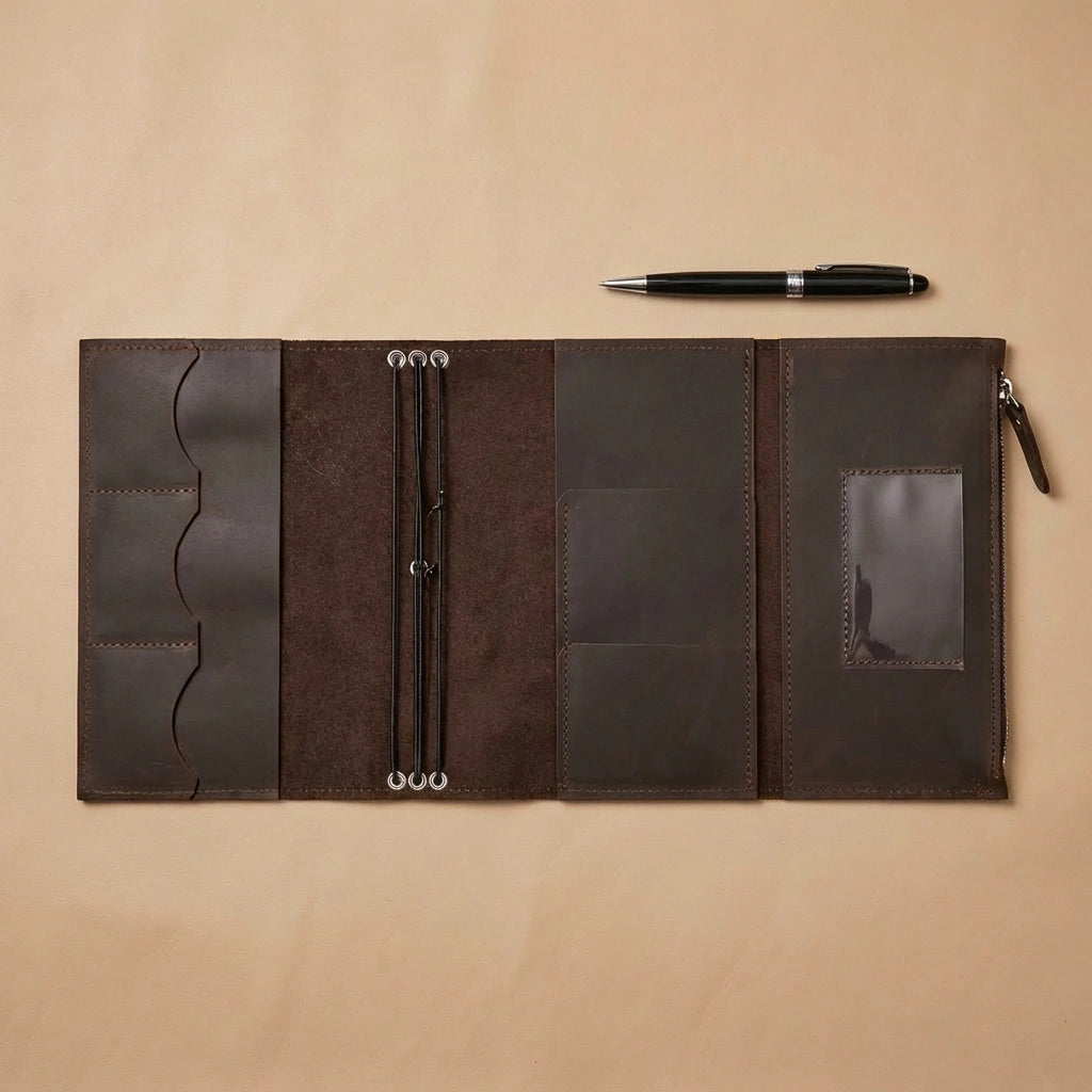 Brown leather journal cover with multiple compartments and a pen on a beige background
