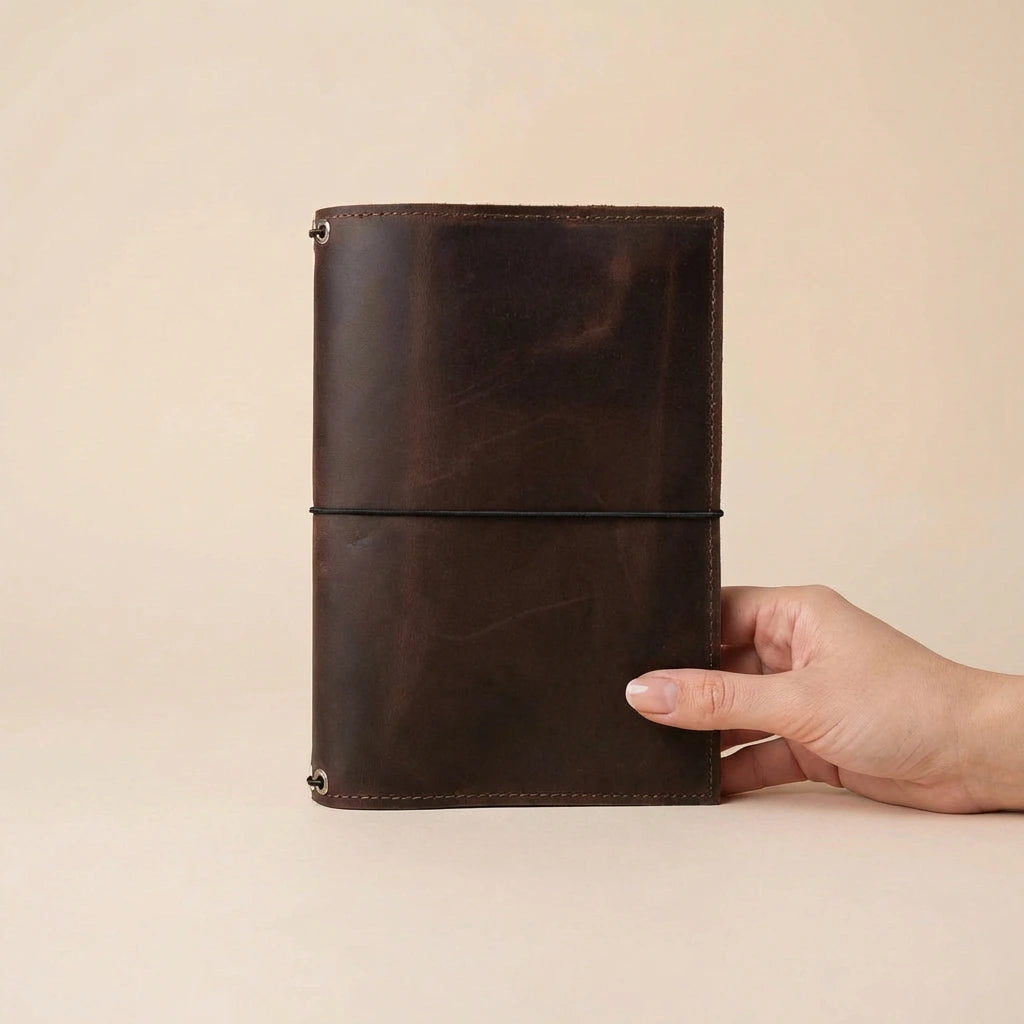 Hand holding a brown leather notebook against a beige background