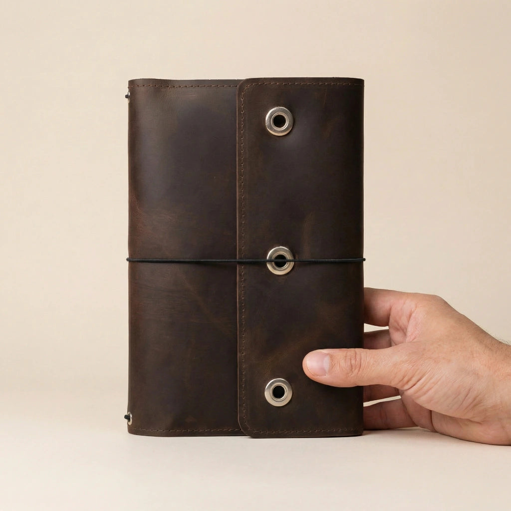 Brown leather notebook held by a hand on a beige background