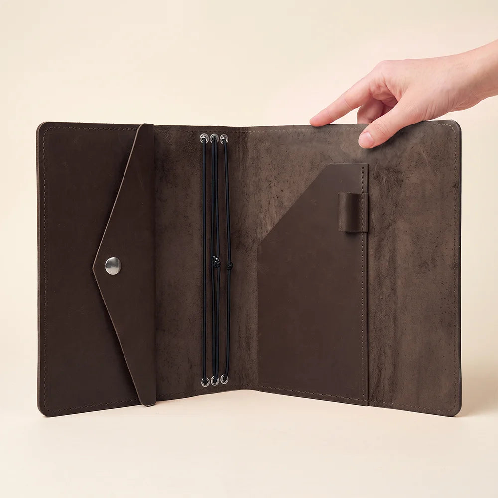 Leather journal cover designed for everyday writing, planning, sketching, and travel adventures.