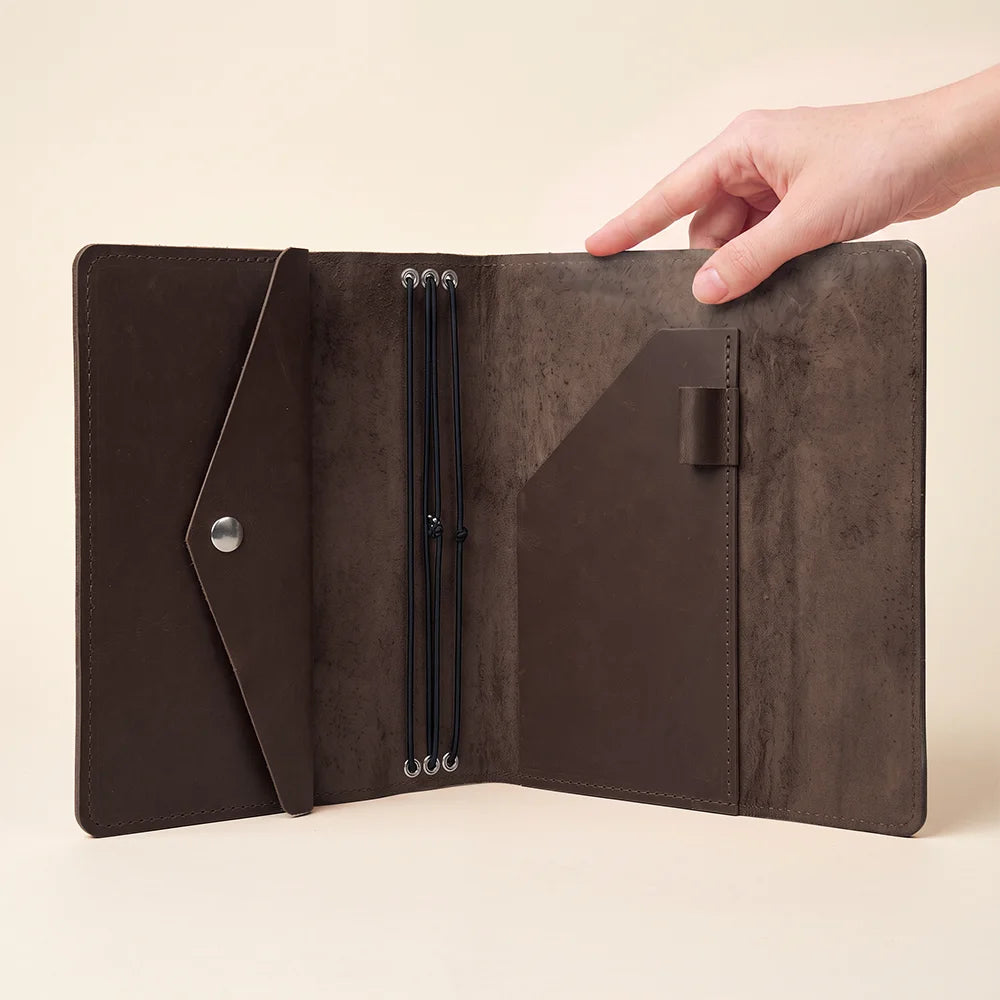 Leather notebook organizer combining timeless craftsmanship with practical pockets and refillable design.