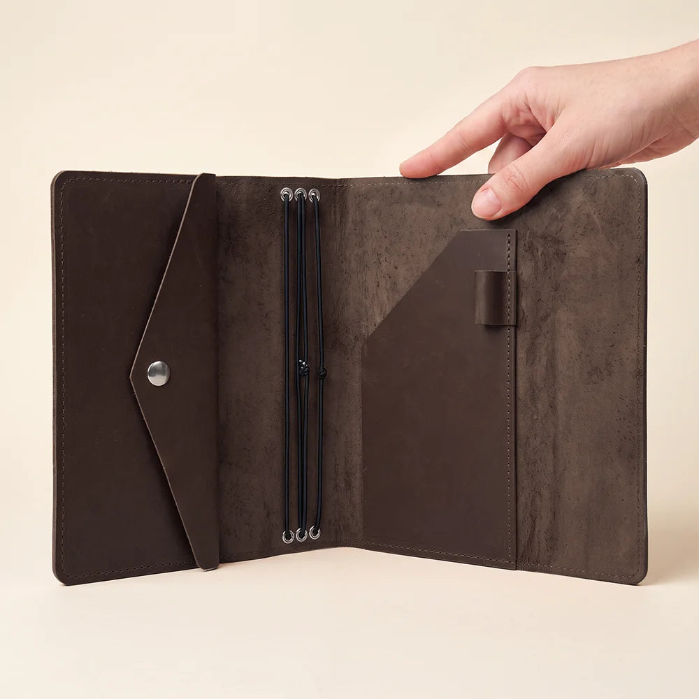 Full grain leather organizer cover with flexible notebook retention and functional inner compartments.