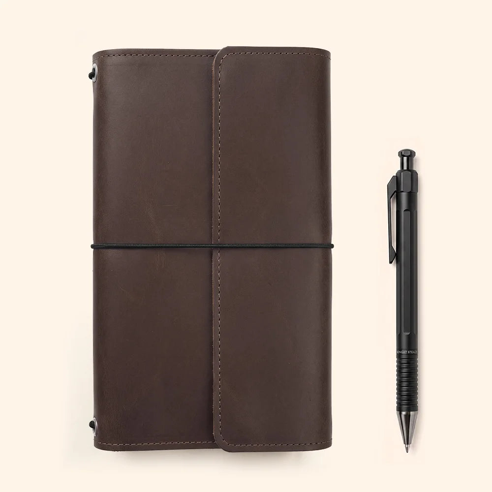 Genuine hide journal cover featuring secure pockets and a convenient loop for carrying pens.