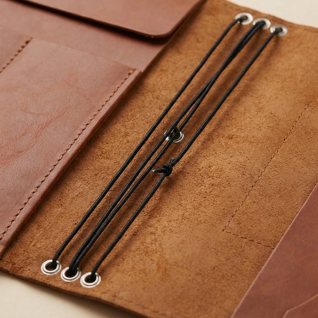 Close-up of black cord with metal ends on a brown leather surface