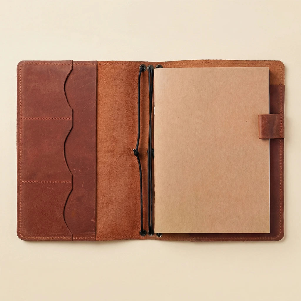 Brown leather notebook cover with beige interior on a beige background