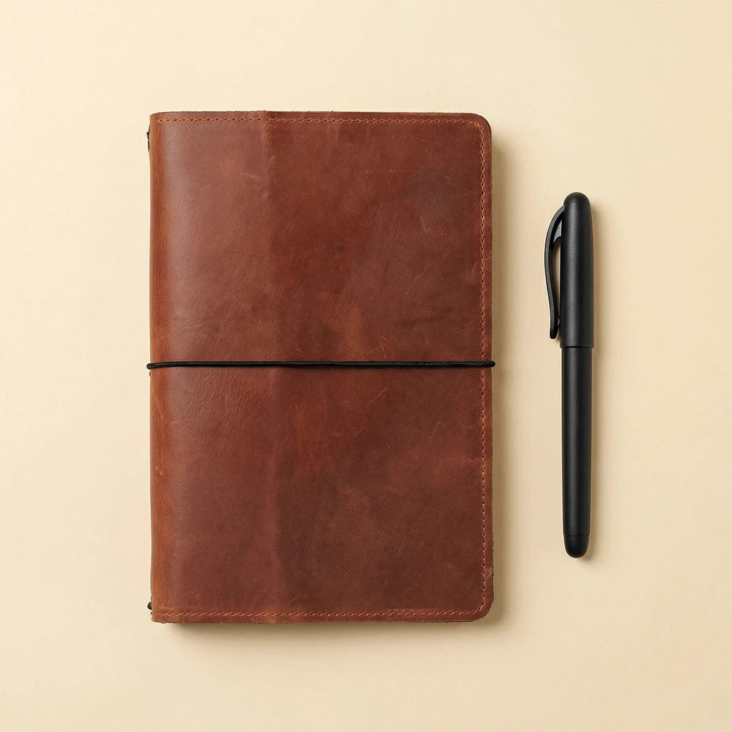 Brown leather notebook with a black pen on a beige background