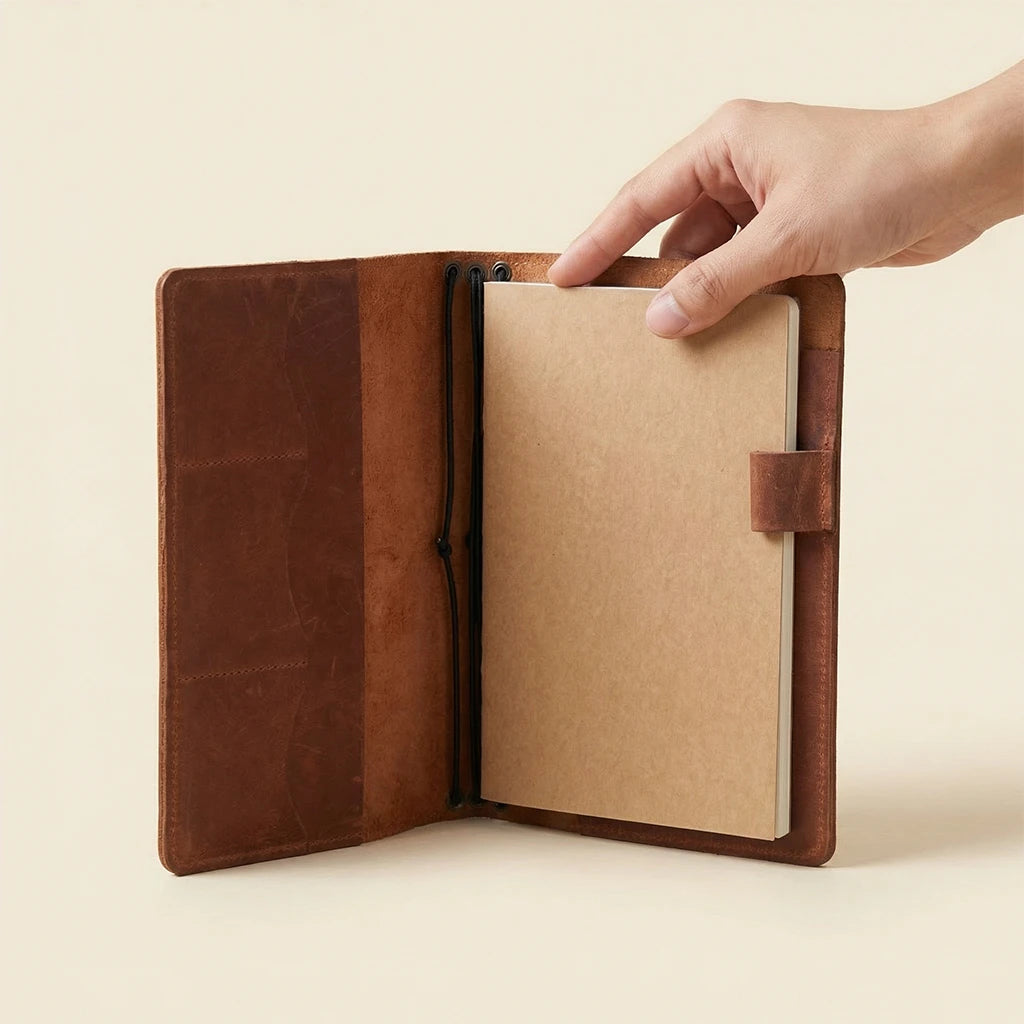 Hand holding a brown leather-bound notebook with beige interior pages on a light beige background