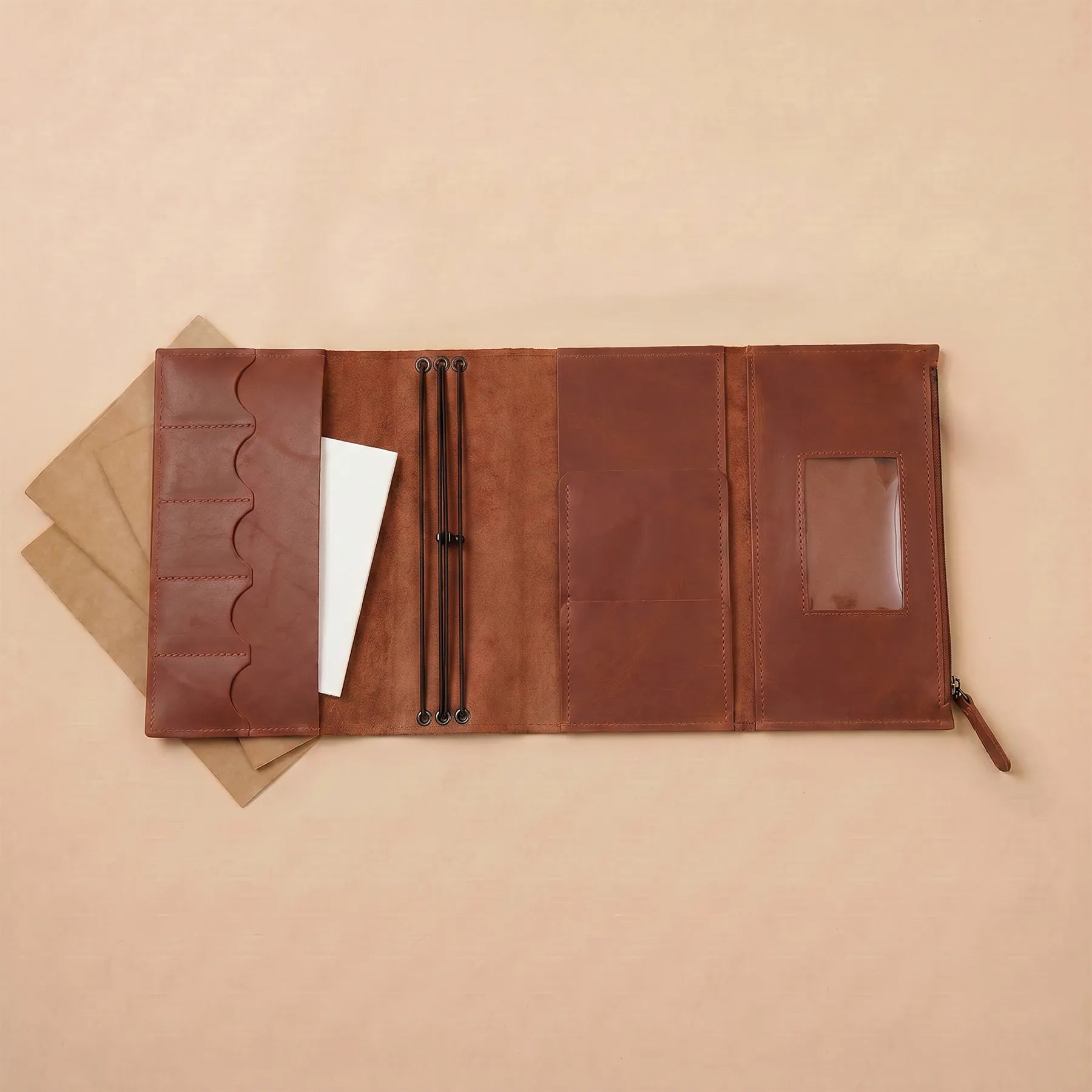 Handmade leather notebook cover showcasing authentic leather grain and artisan craftsmanship.