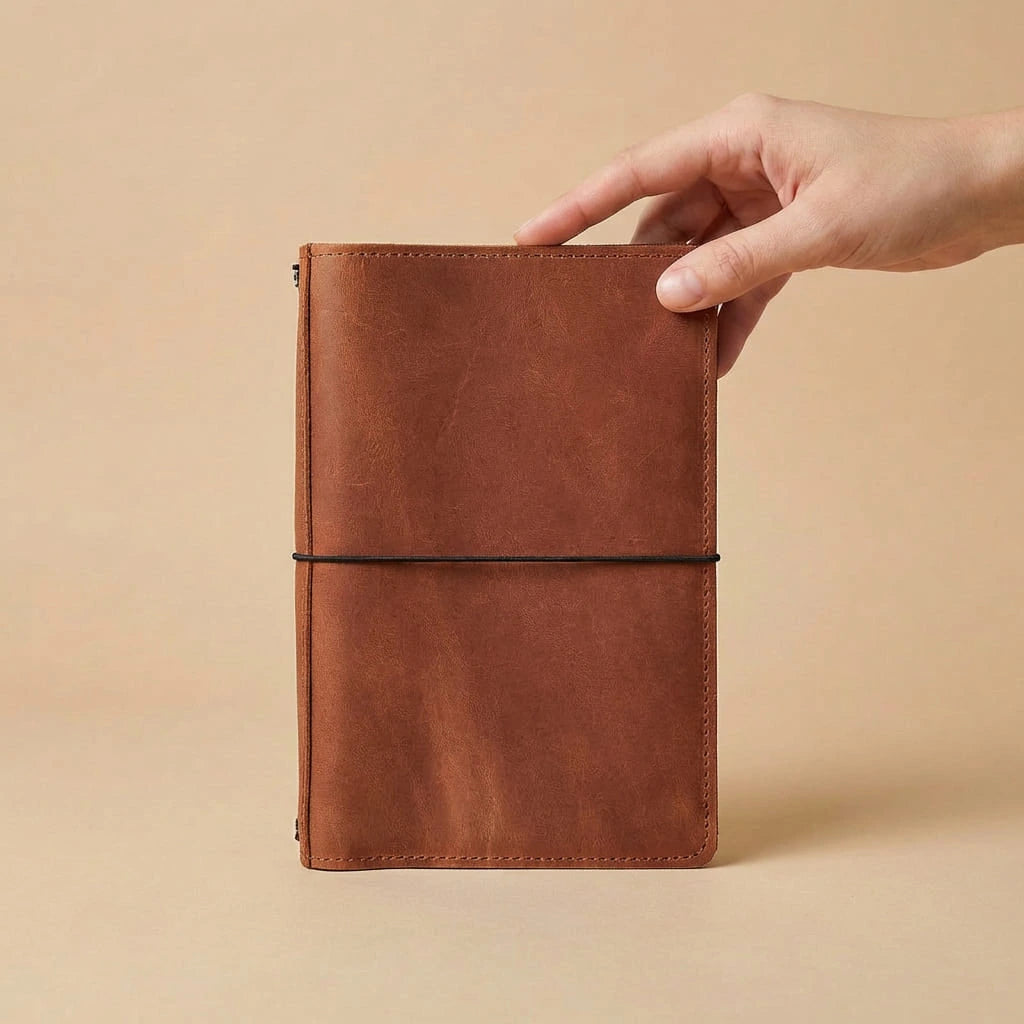 Brown leather notebook held by a hand against a beige background