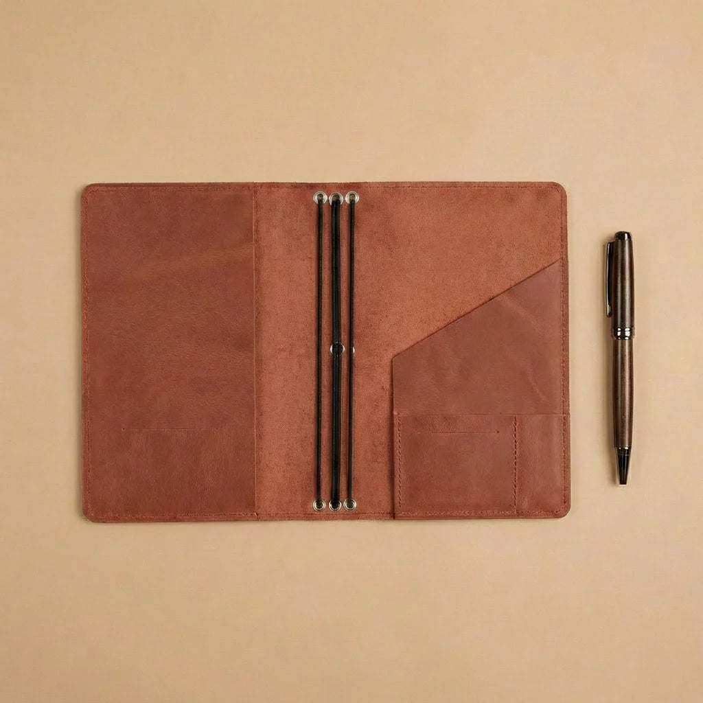 Brown leather notebook with pen holder and two pens on a beige background