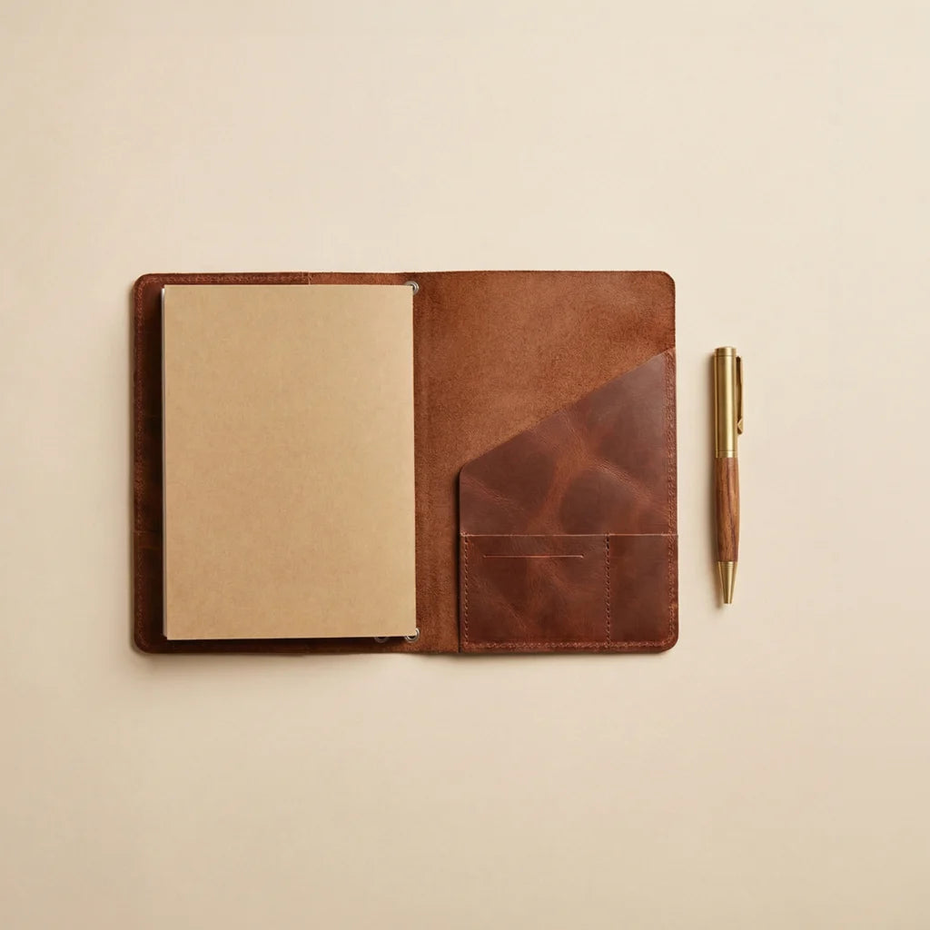 Brown leather wallet with a pen on a beige background