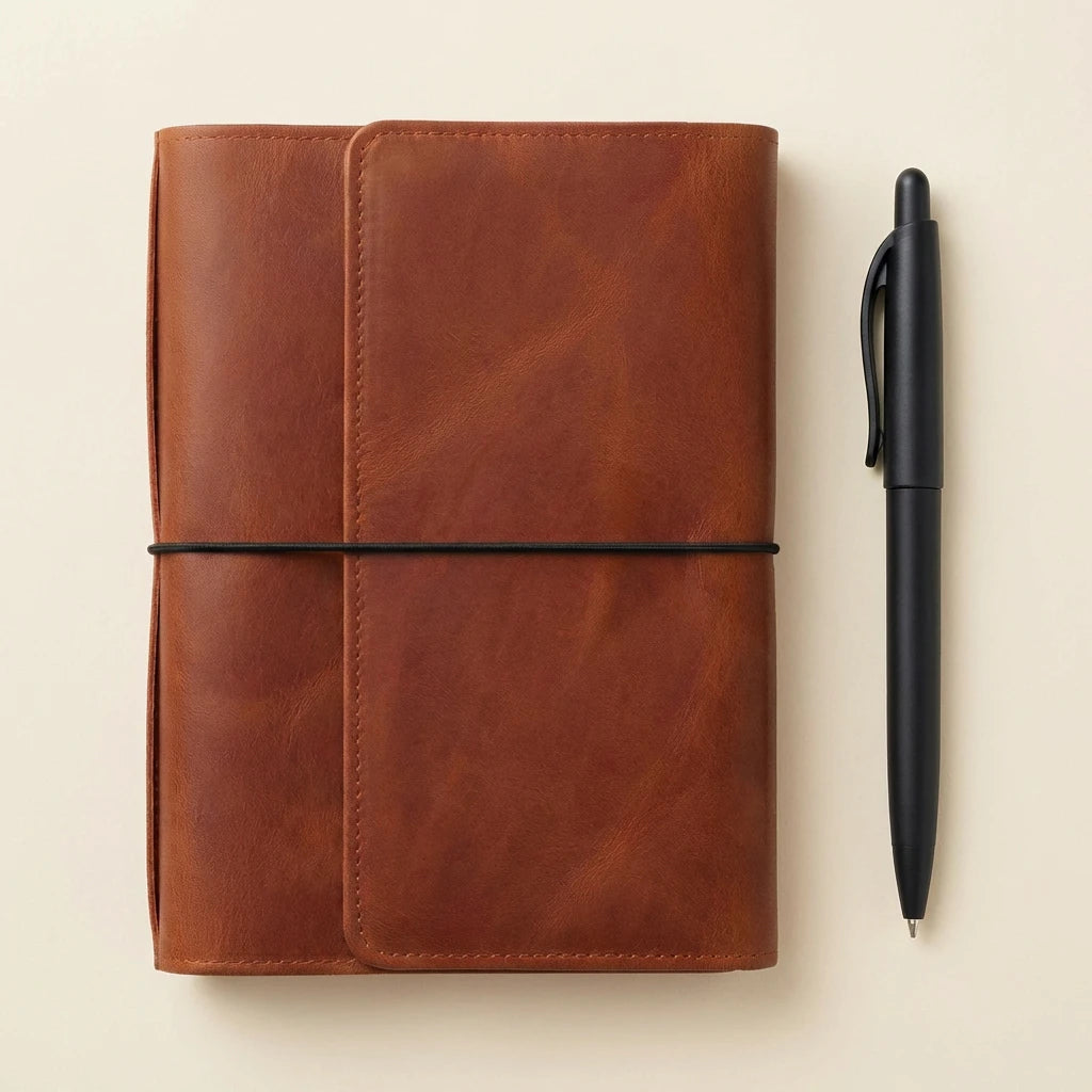 Brown leather notebook with a black pen on a beige background