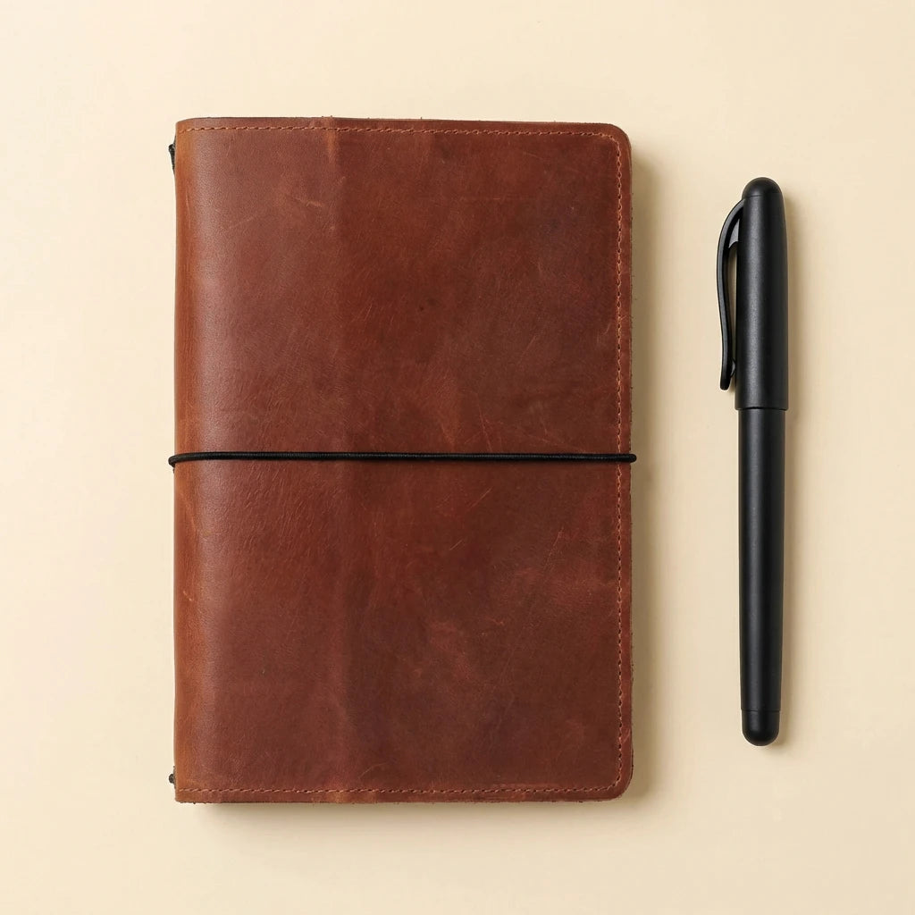 Brown leather notebook with a black pen on a beige background