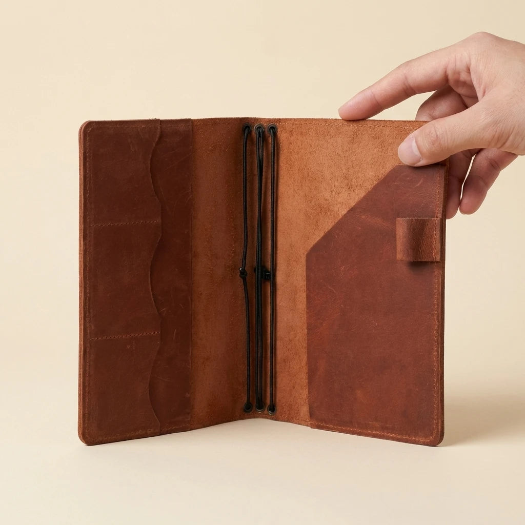 Brown leather wallet held open by a hand on a beige background