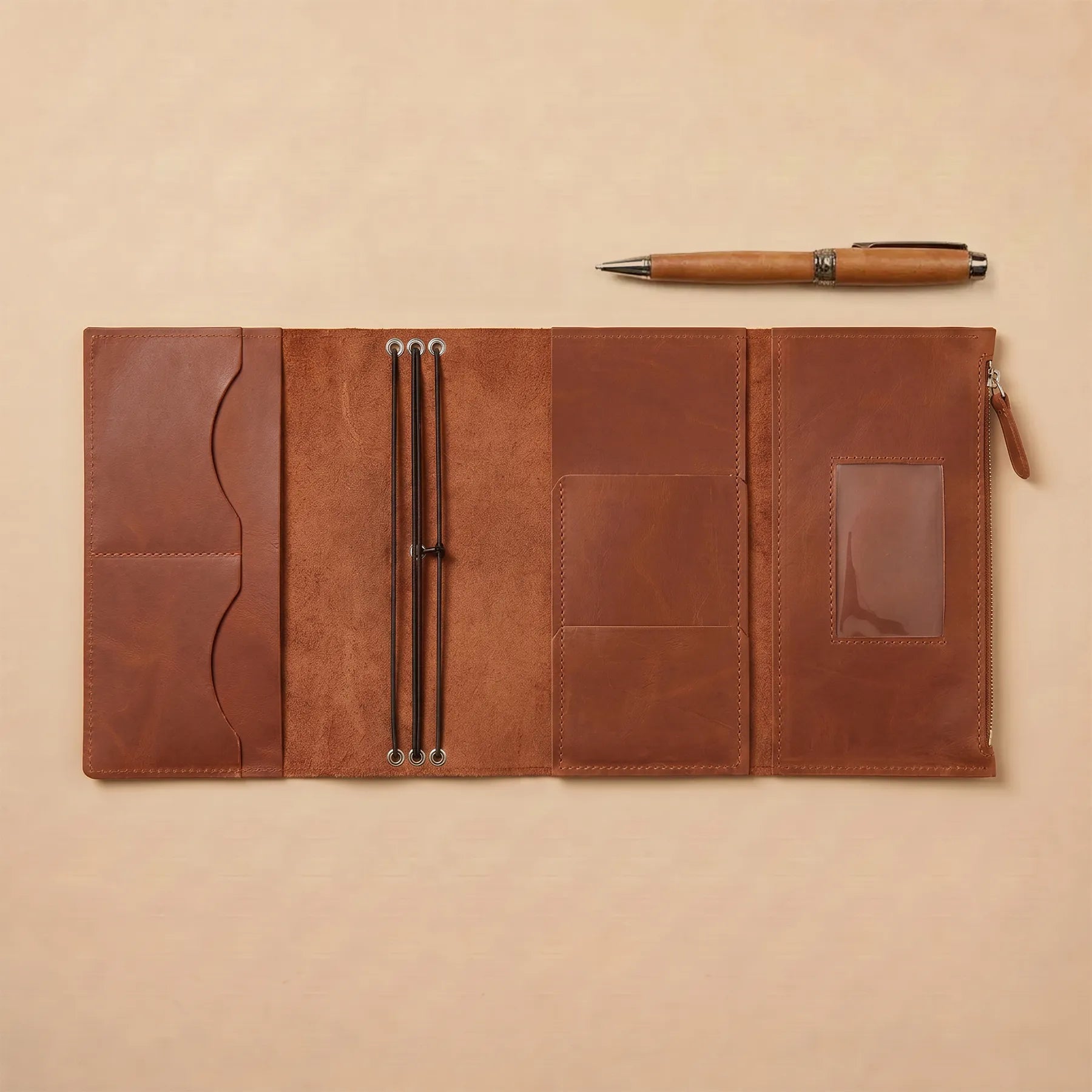 Genuine leather notebook cover with beautiful natural texture and artisan craftsmanship.