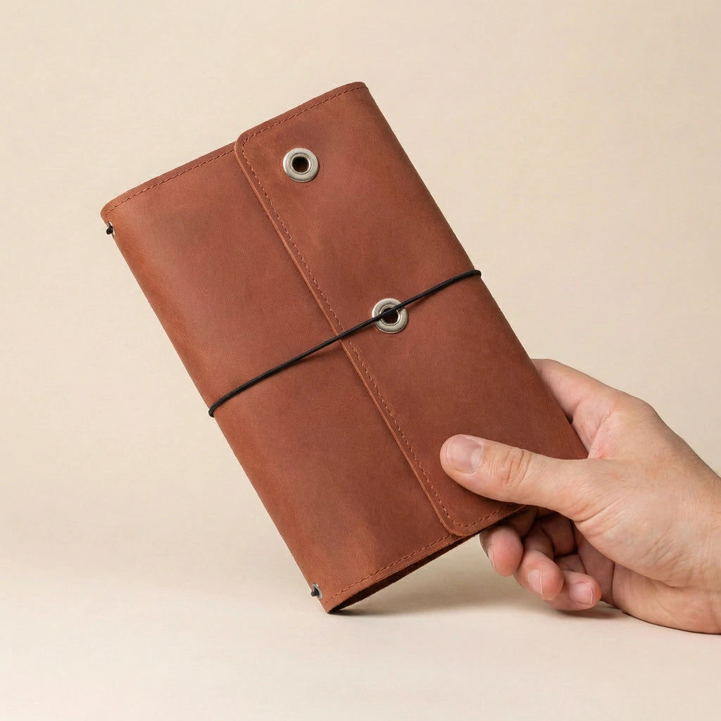 Brown leather notebook held by a hand on a beige background
