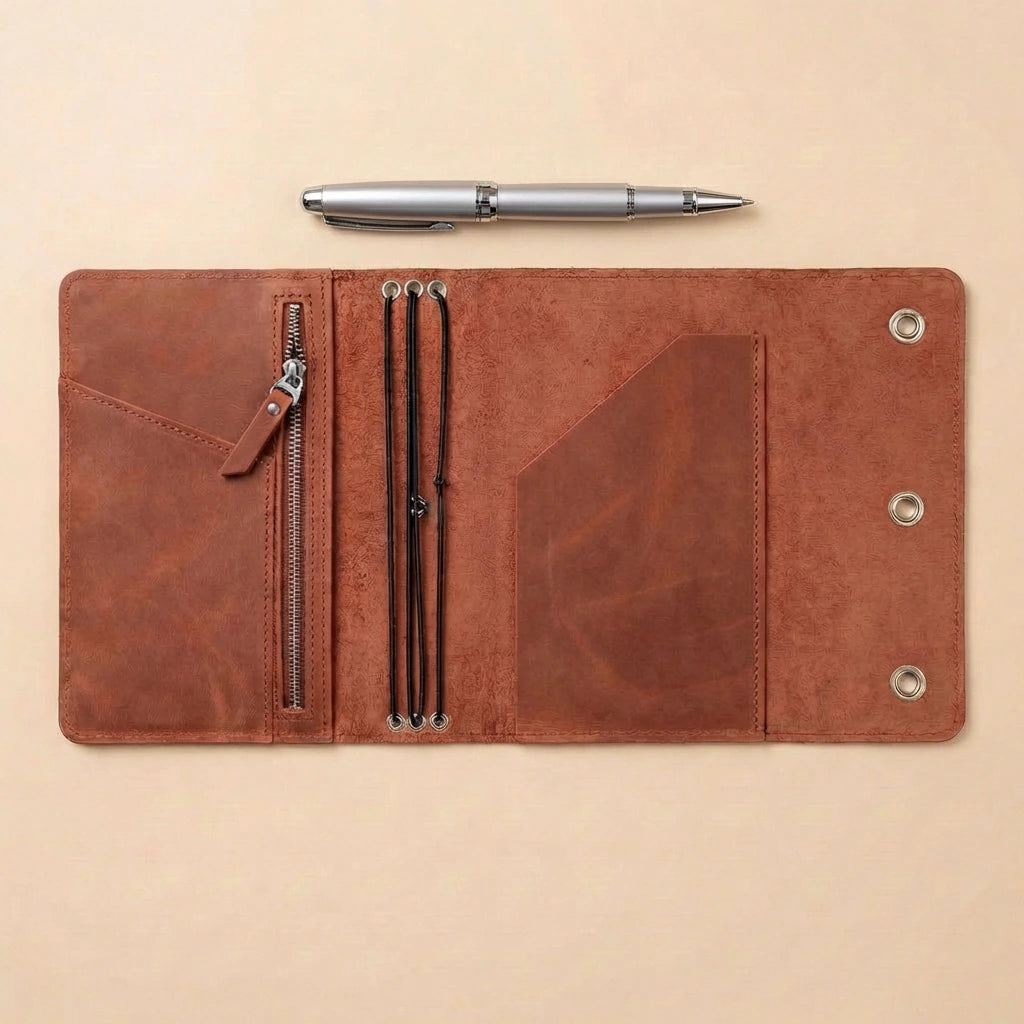 Brown leather notebook with pen on a beige background