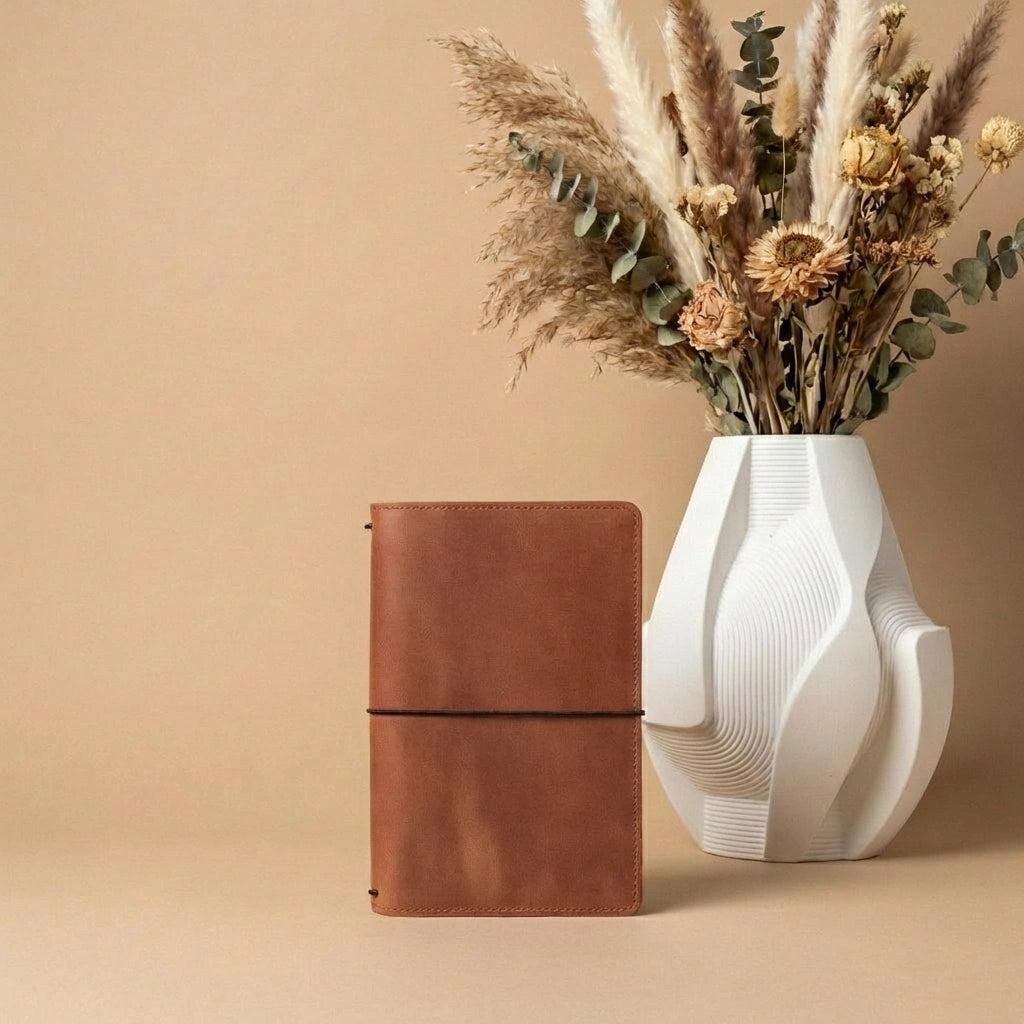 Brown leather notebook next to a white vase with dried flowers on a beige background