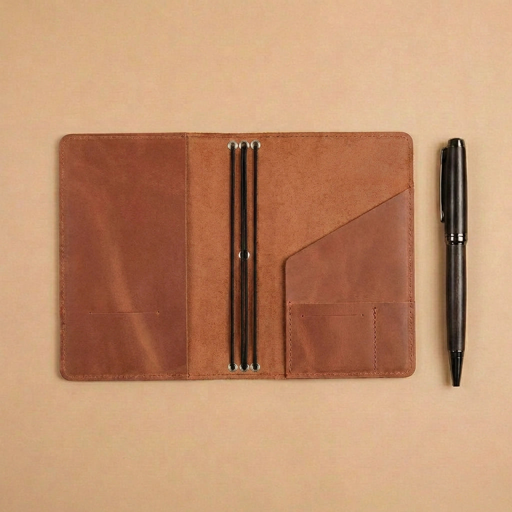 Brown leather notebook with pen holder and a pen on a beige background