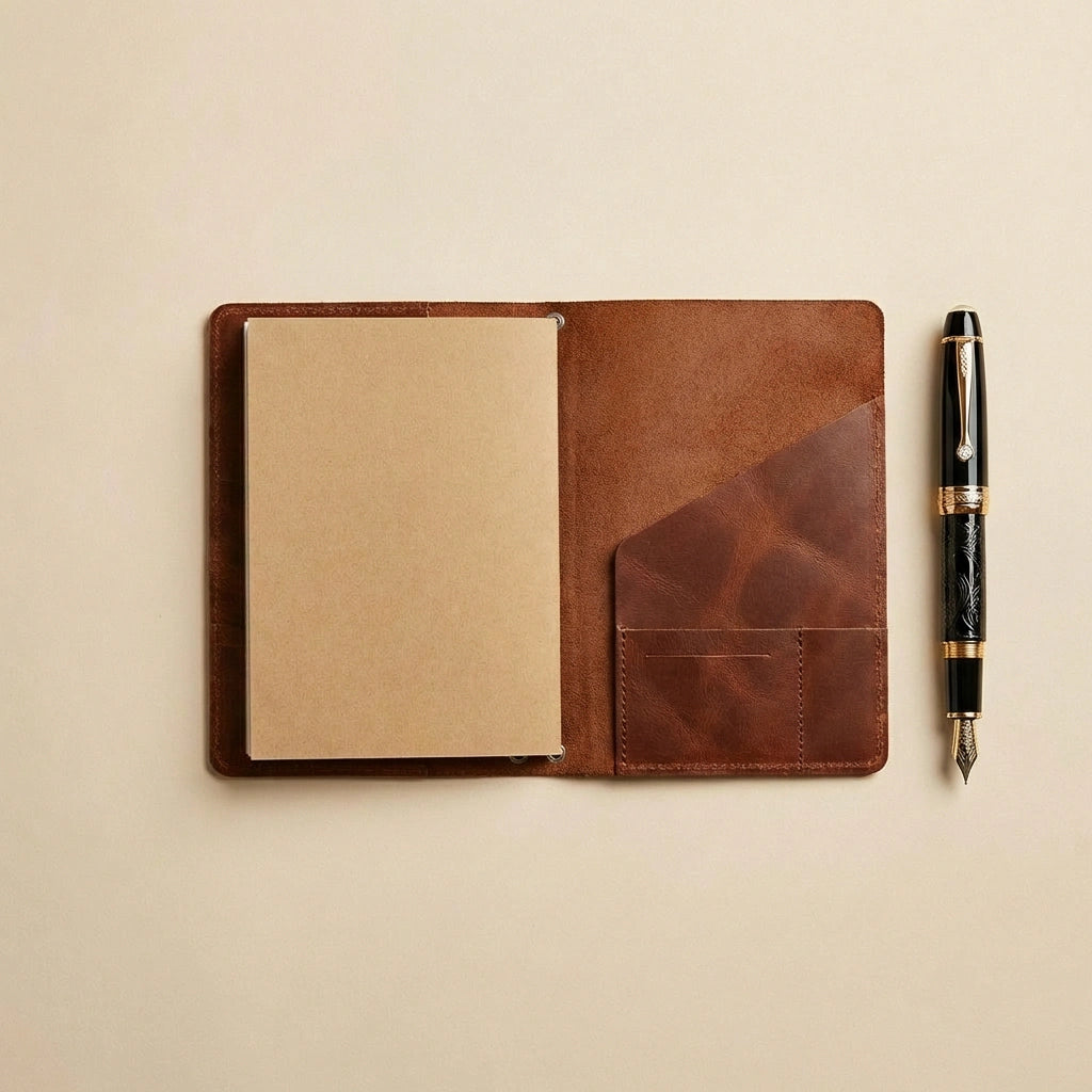 Brown leather notebook with beige interior pages and a pen on a beige background