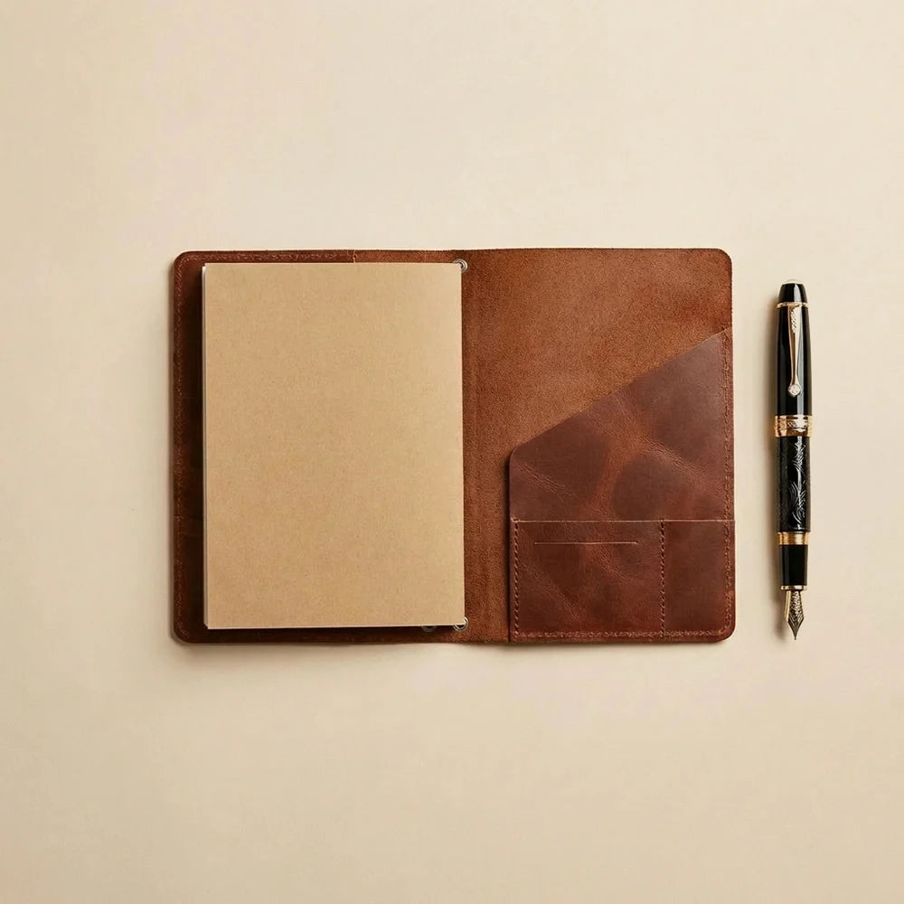 Classic genuine leather journal cover with refillable elastic system and functional organizer compartments.