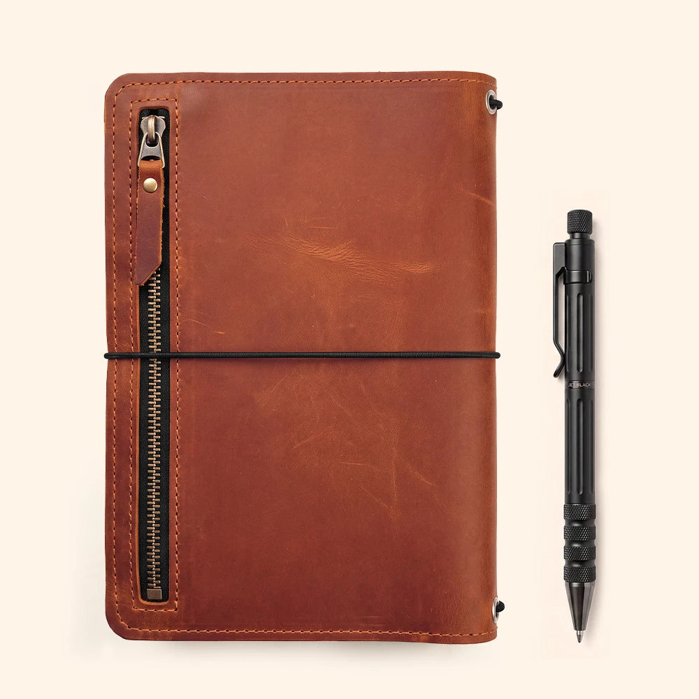 Leather notebook folder with elegant design and convenient interior organization features.