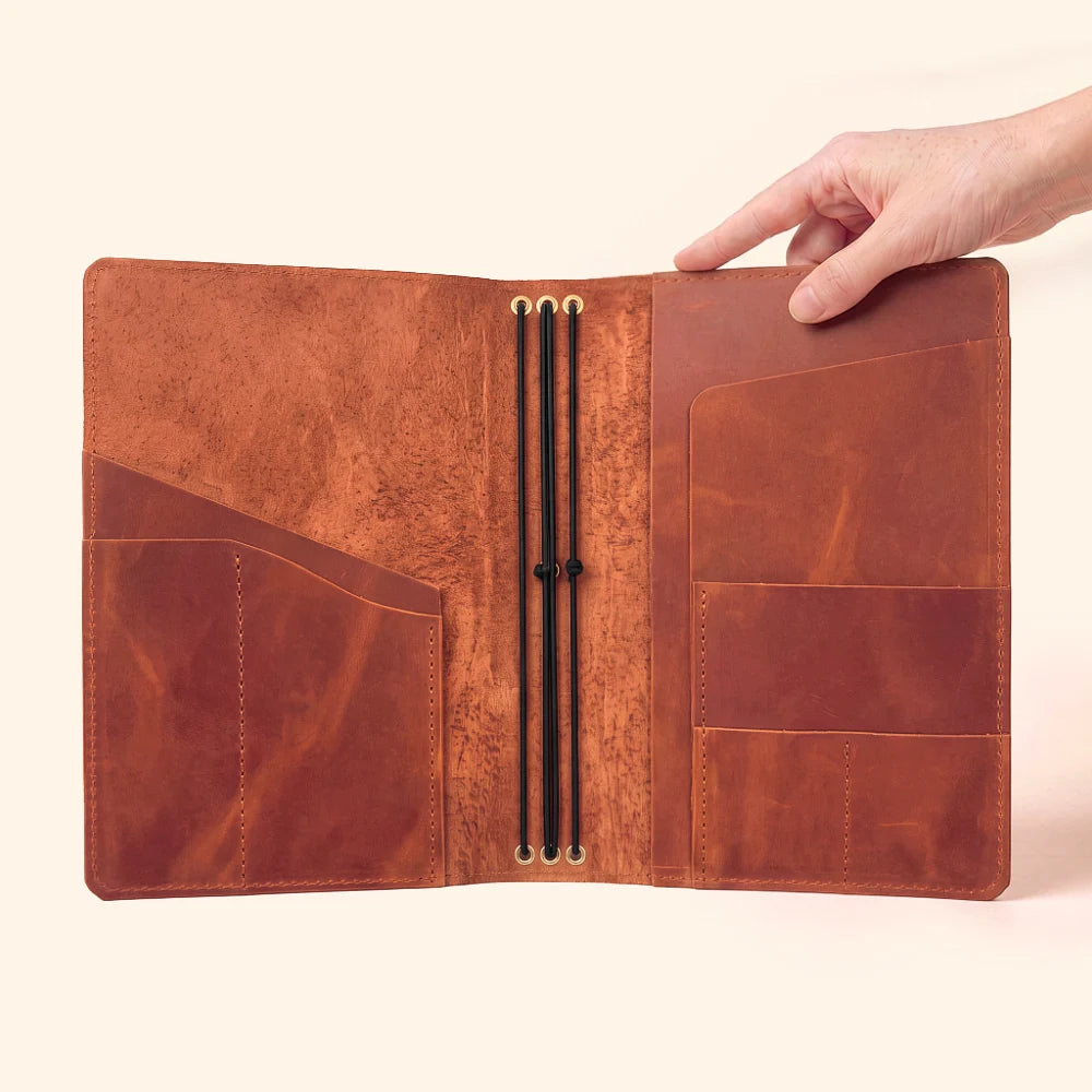 Reusable journal cover crafted to keep three notebook inserts securely grouped.