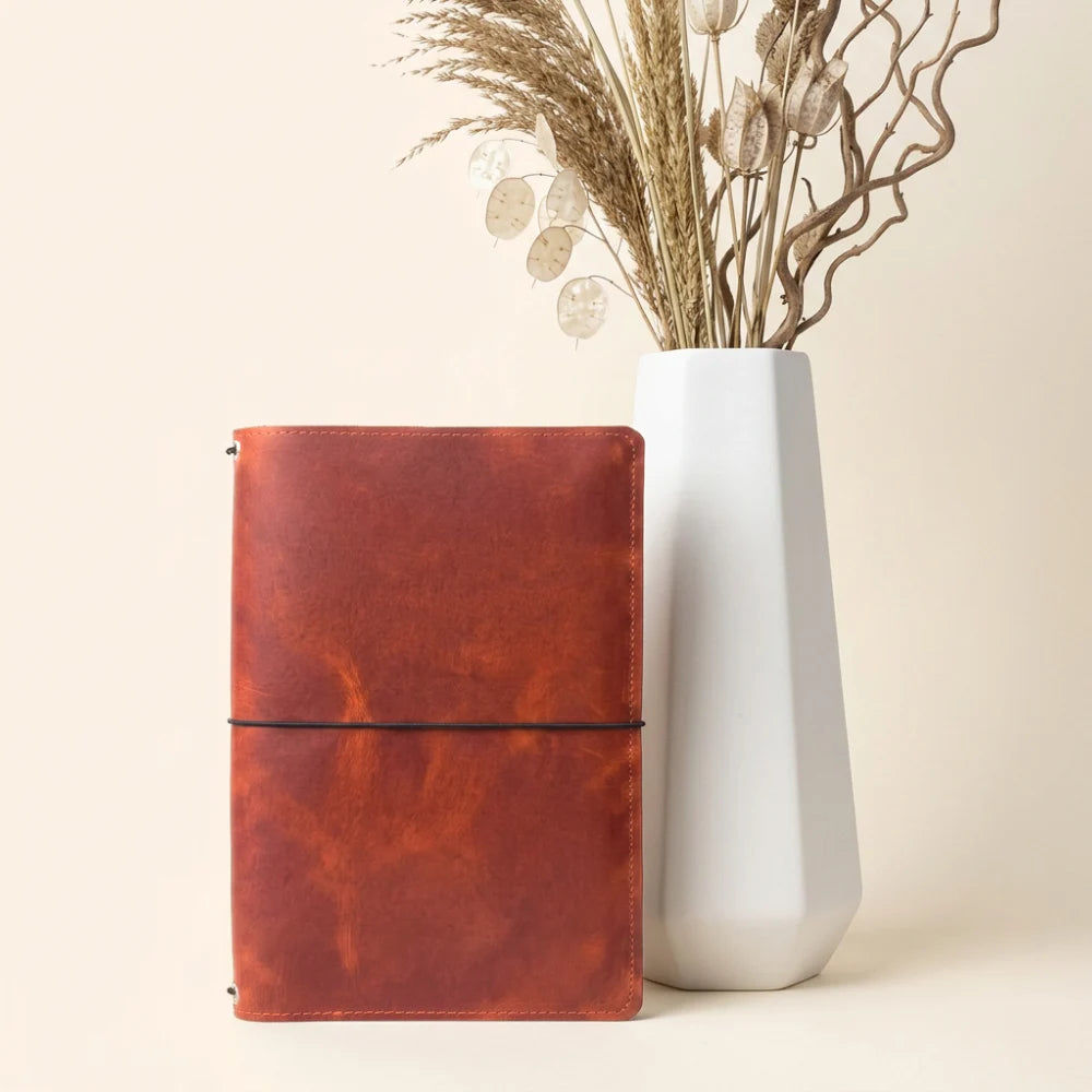 Natural leather travel notebook cover featuring three secure elastic bands inside.