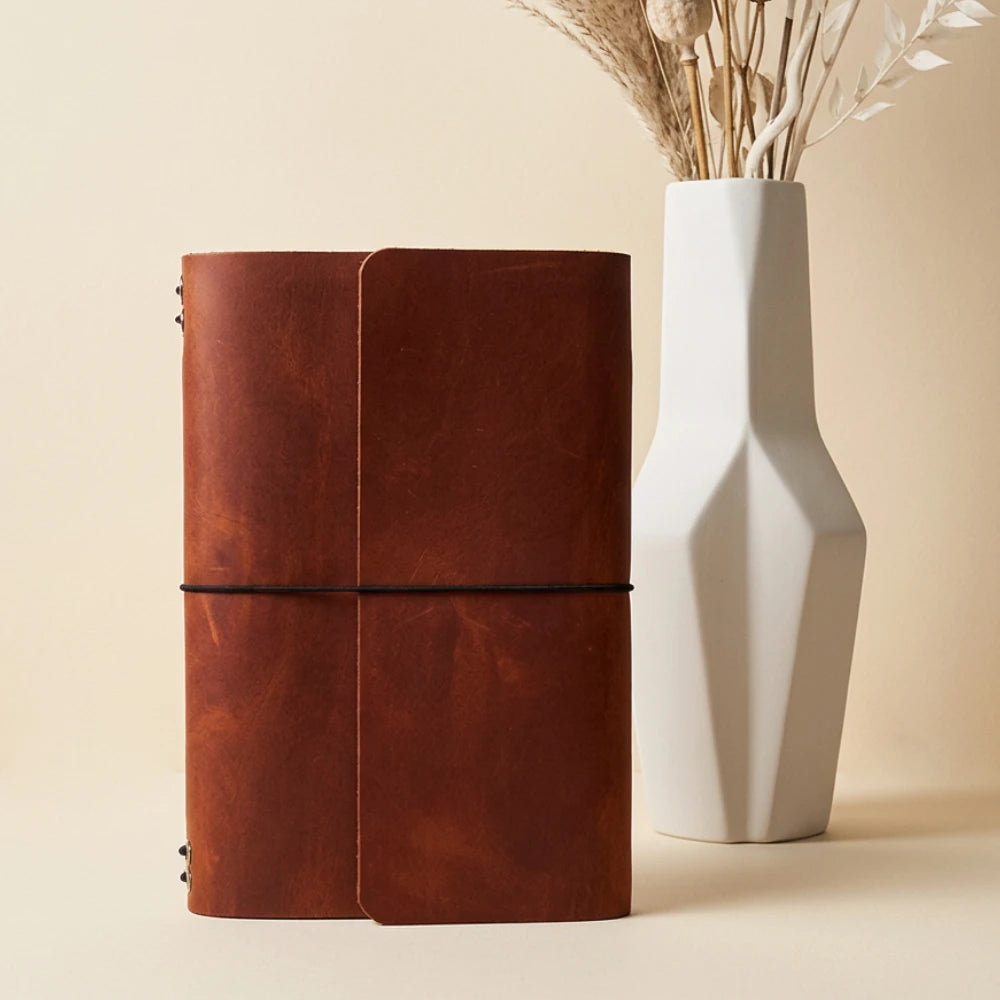 Handcrafted leather journal case providing six attachment points for interchangeable inserts.