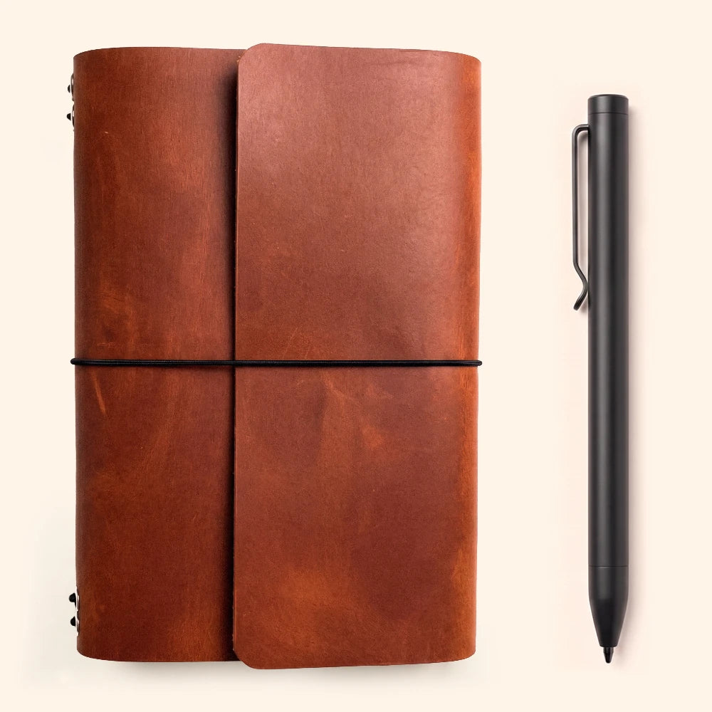 Elegant natural leather notebook organizer with six elastic straps inside the cover.
