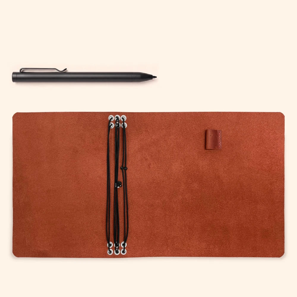 Genuine leather notebook cover with six elastic bands and a practical pen loop.