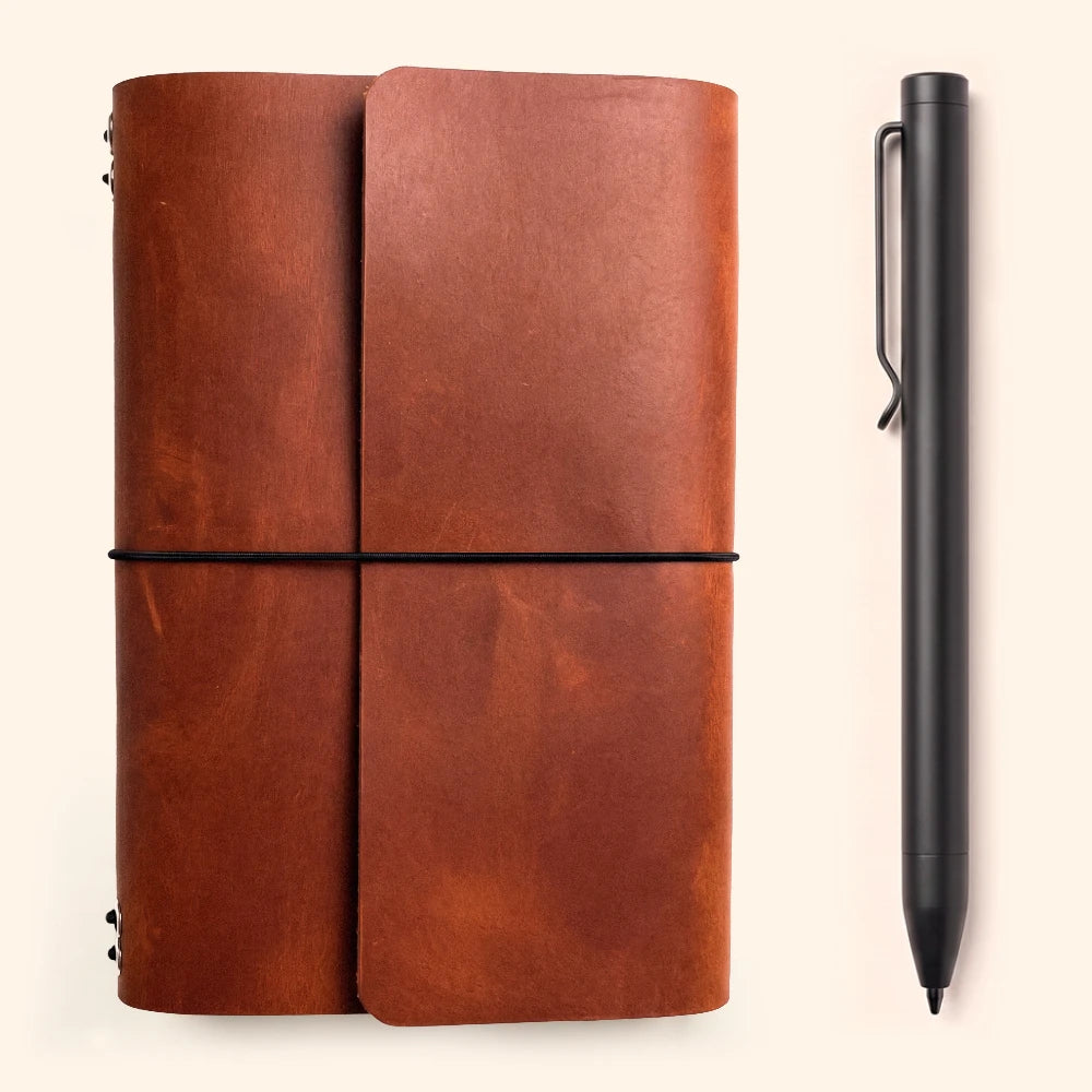 Handmade leather journal cover designed with six elastic bands and pen storage.