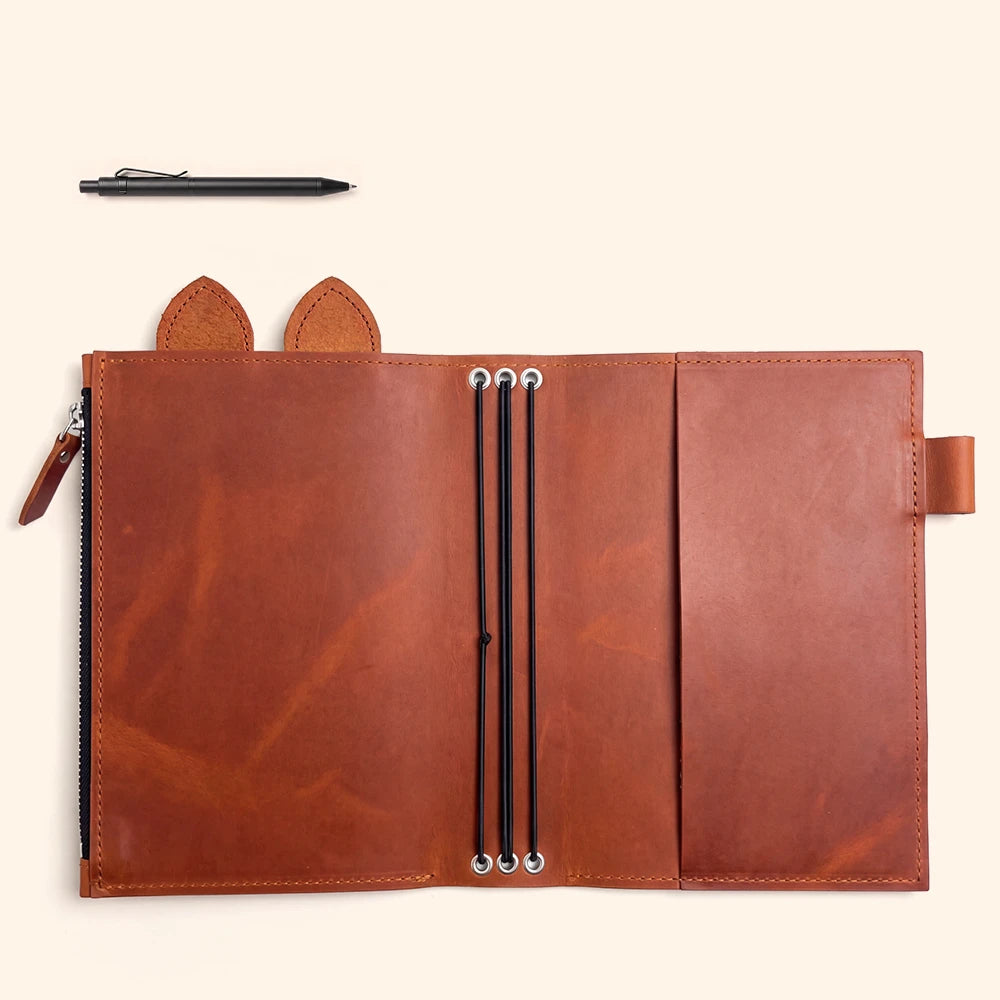 Open handmade planner organizer displaying three elastics for securely holding notebook inserts.