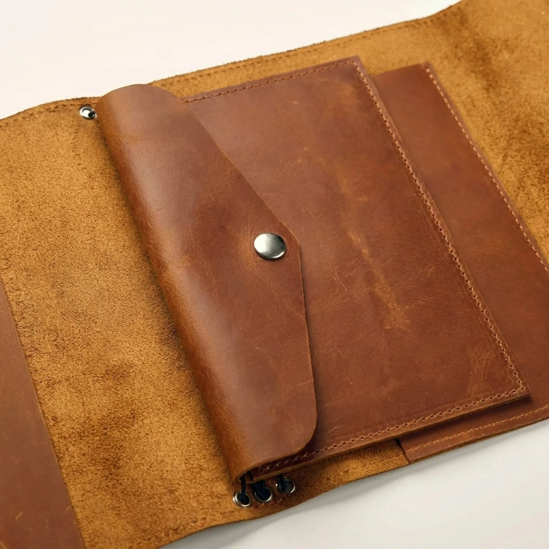Natural leather notebook insert in envelope style with secure design