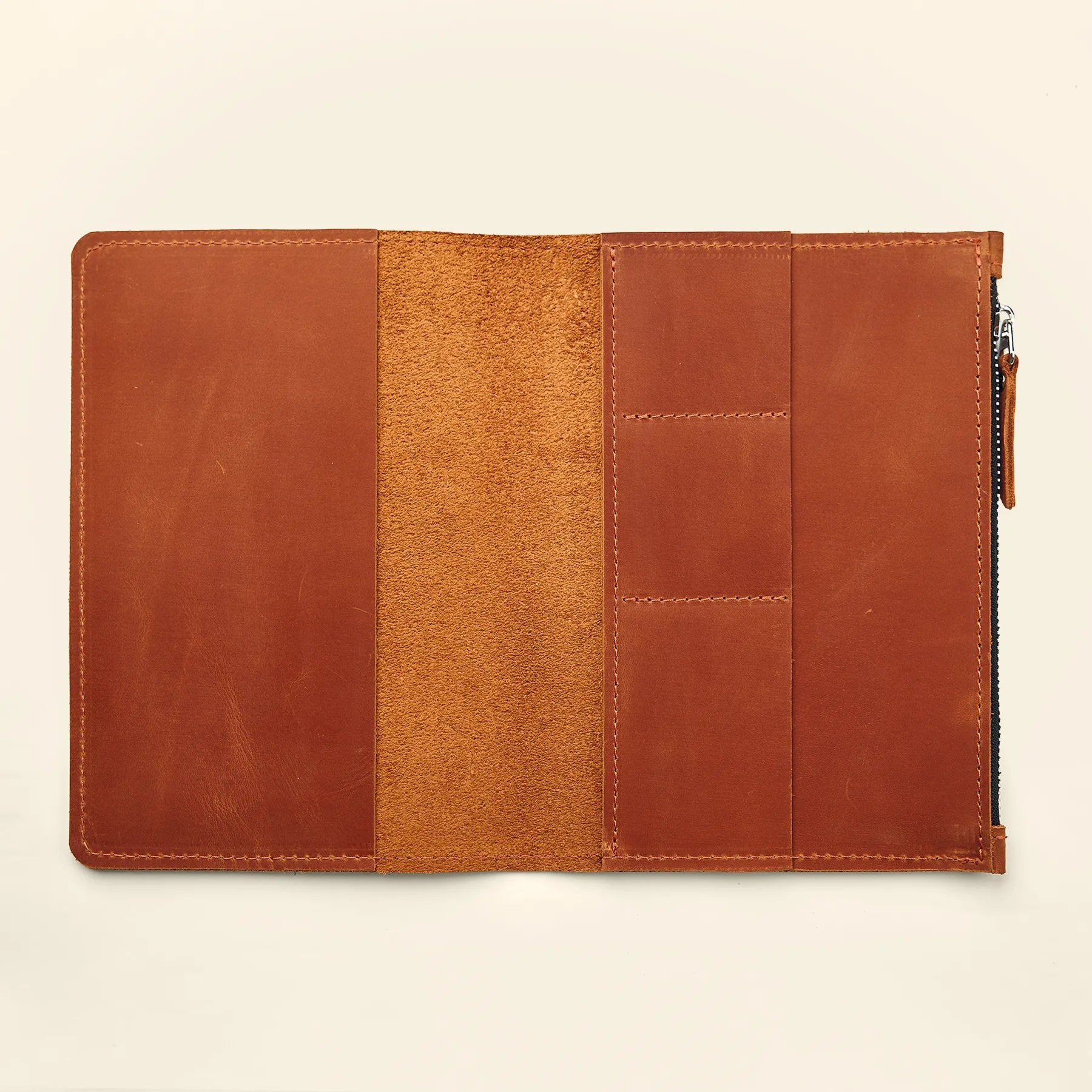 Genuine leather notebook insert with organizer pockets for refillable travel journal systems.