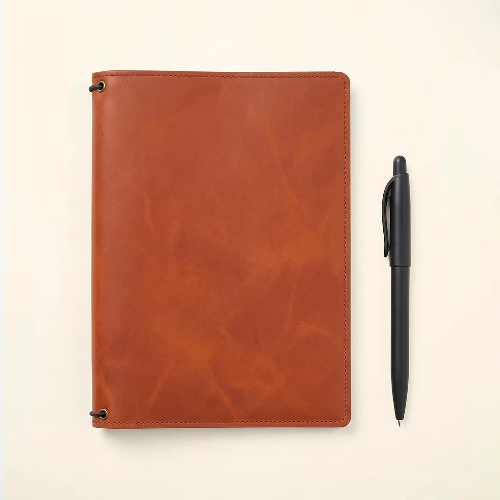 Leather notebook case with secure insert retention and interior compartments.